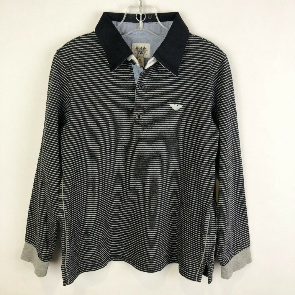 Armani Junior Boys Size 7 Long Sleeve Colared Top Shirt Black Blue Gray Striped